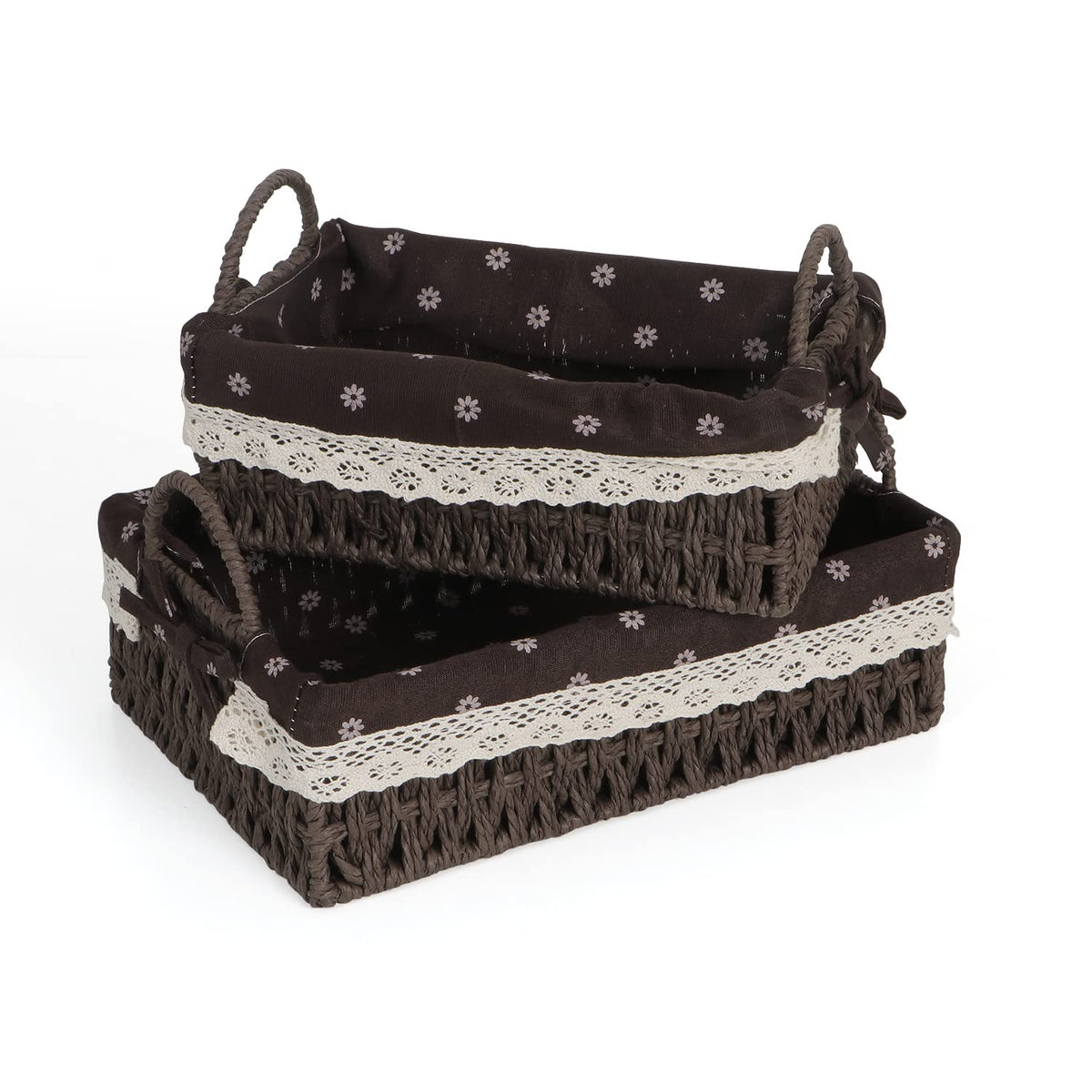 Environmental Friendly Paper Rope Wicker Storage Baskets with Handle, Pack of 2, Brown