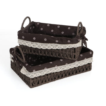 Environmental Friendly Paper Rope Wicker Storage Baskets with Handle, Pack of 2, Brown