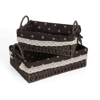 Environmental Friendly Paper Rope Wicker Storage Baskets with Handle, Pack of 2, Brown