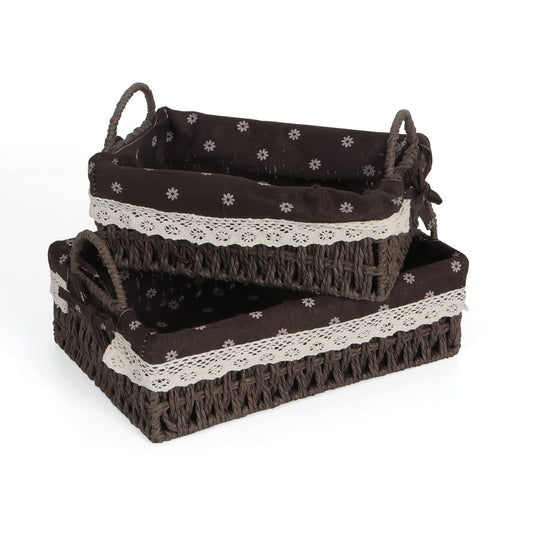 Environmental Friendly Paper Rope Wicker Storage Baskets with Handle, Pack of 2, Brown