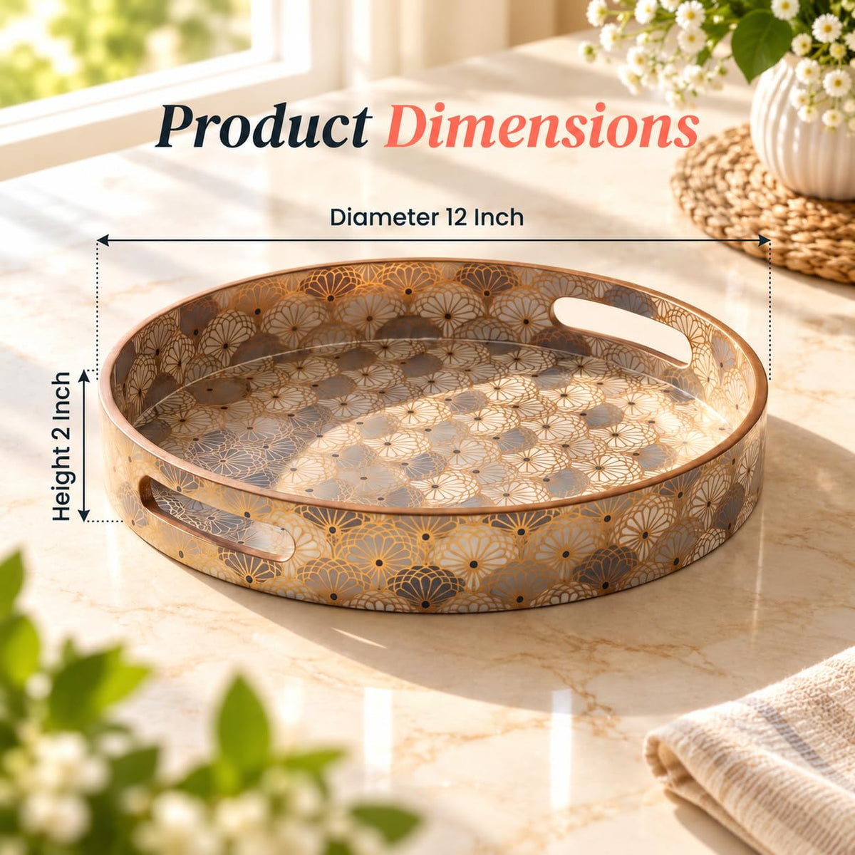 HOKIPO Round Serving Tray 12 in, Engineered Wood, Indigo Flora - image 6