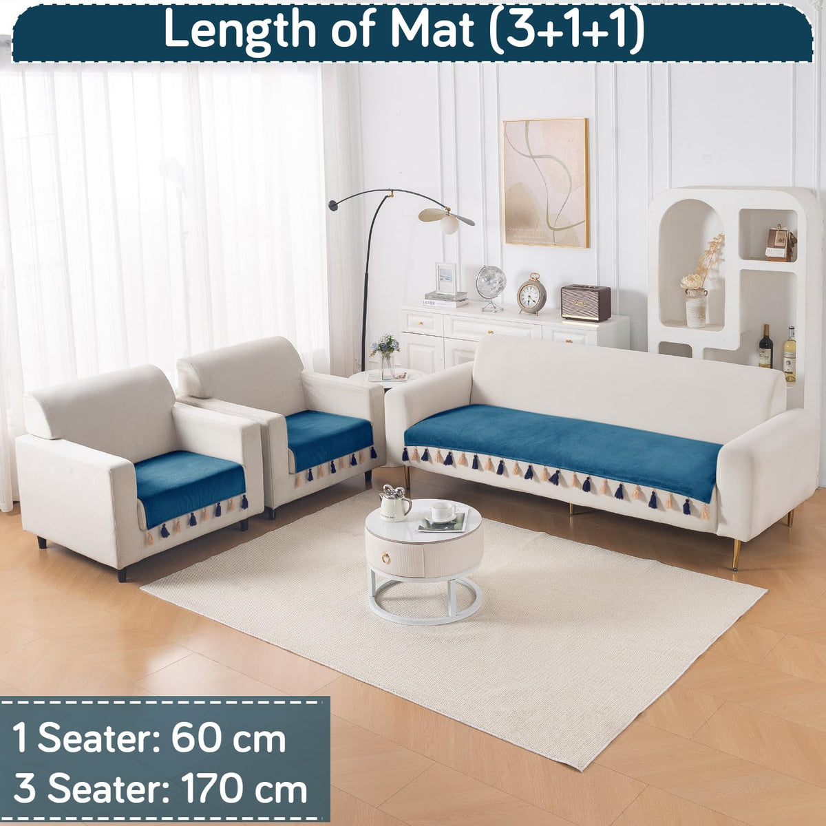 Premium Holland Velvet 5-Seater Sofa Cover (3+1+1), TasselTone Series | Sea Blue
