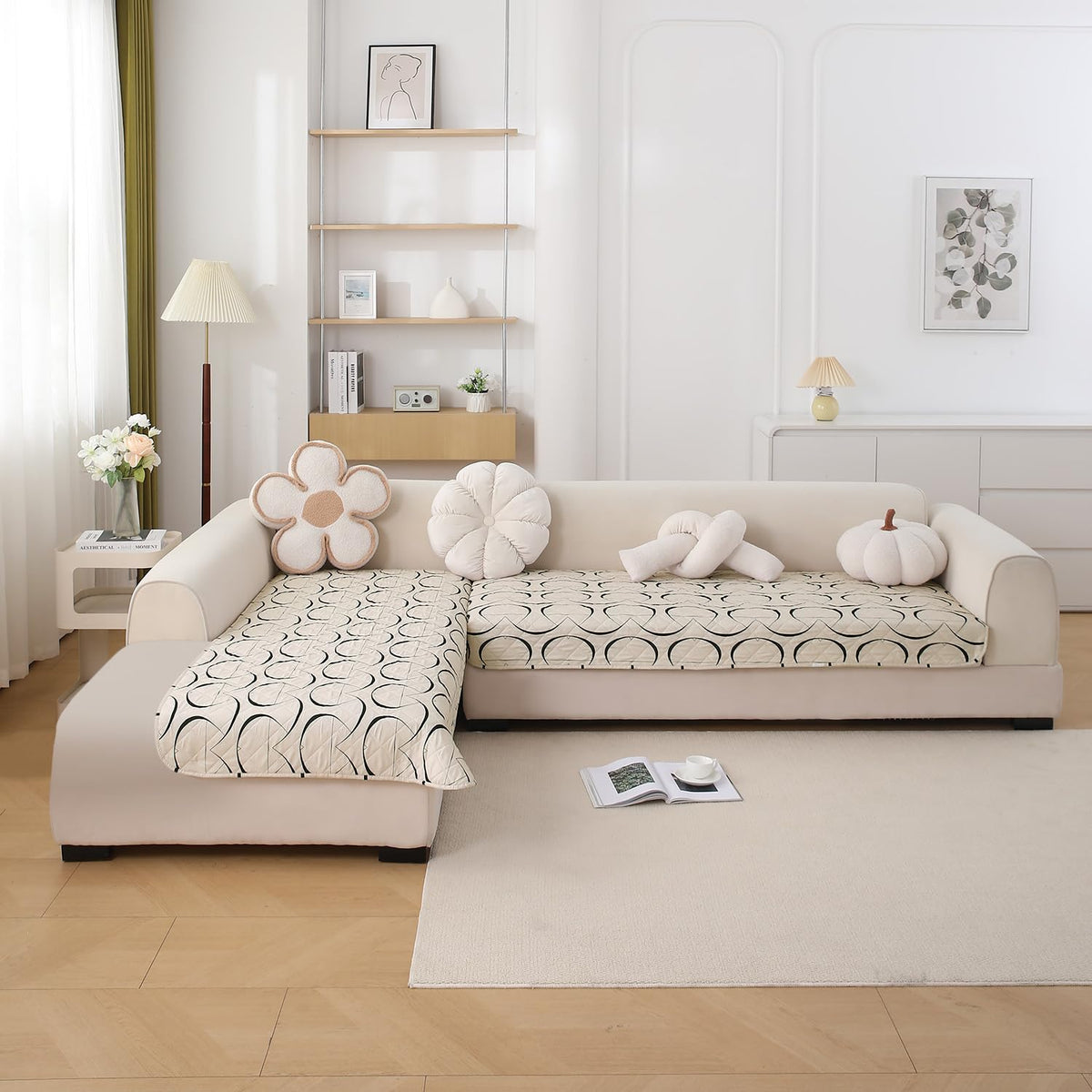 Waterproof Printed Quilted Quick Dry L Shape Sofa Seat Cover Mat, Natural Beige Abstract Art