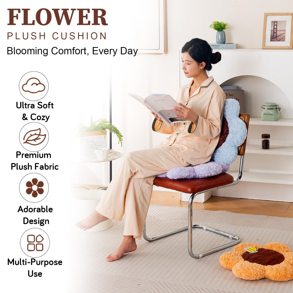 HOKIPO Sunflower Bee Cushion for Sofa & Bed, 50 cm, Grey