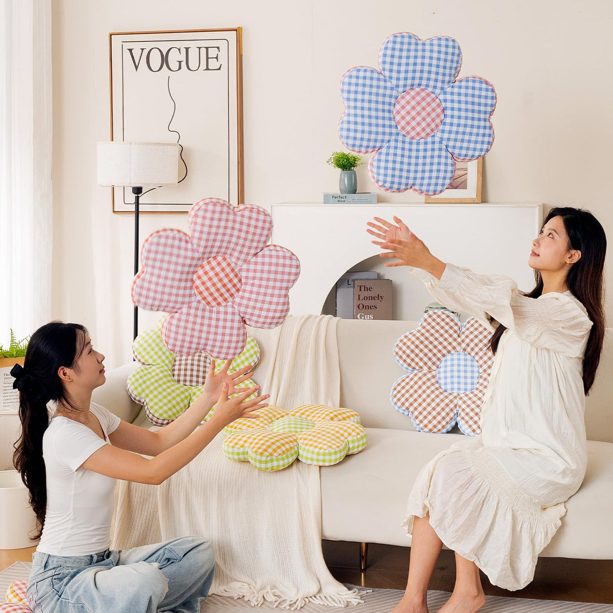 HOKIPO Checkered Daisy Flower Cushion for Sofa & Bed, 49 cm, Blue