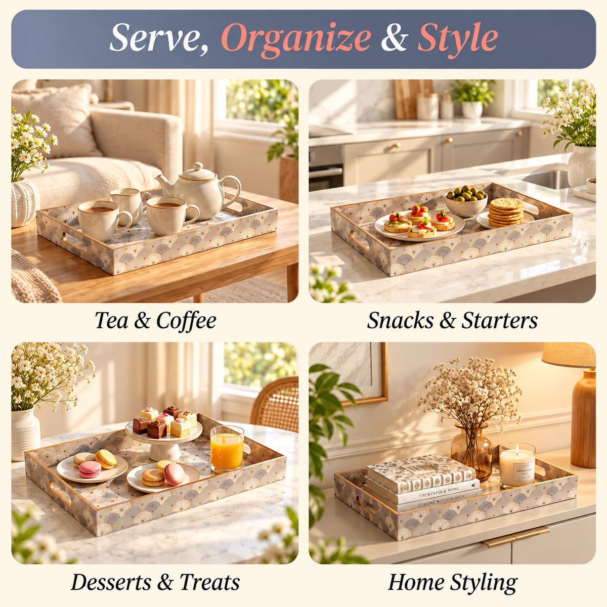 HOKIPO Serving Tray Set of 3, Engineered Wood, Indigo Flora - image 5
