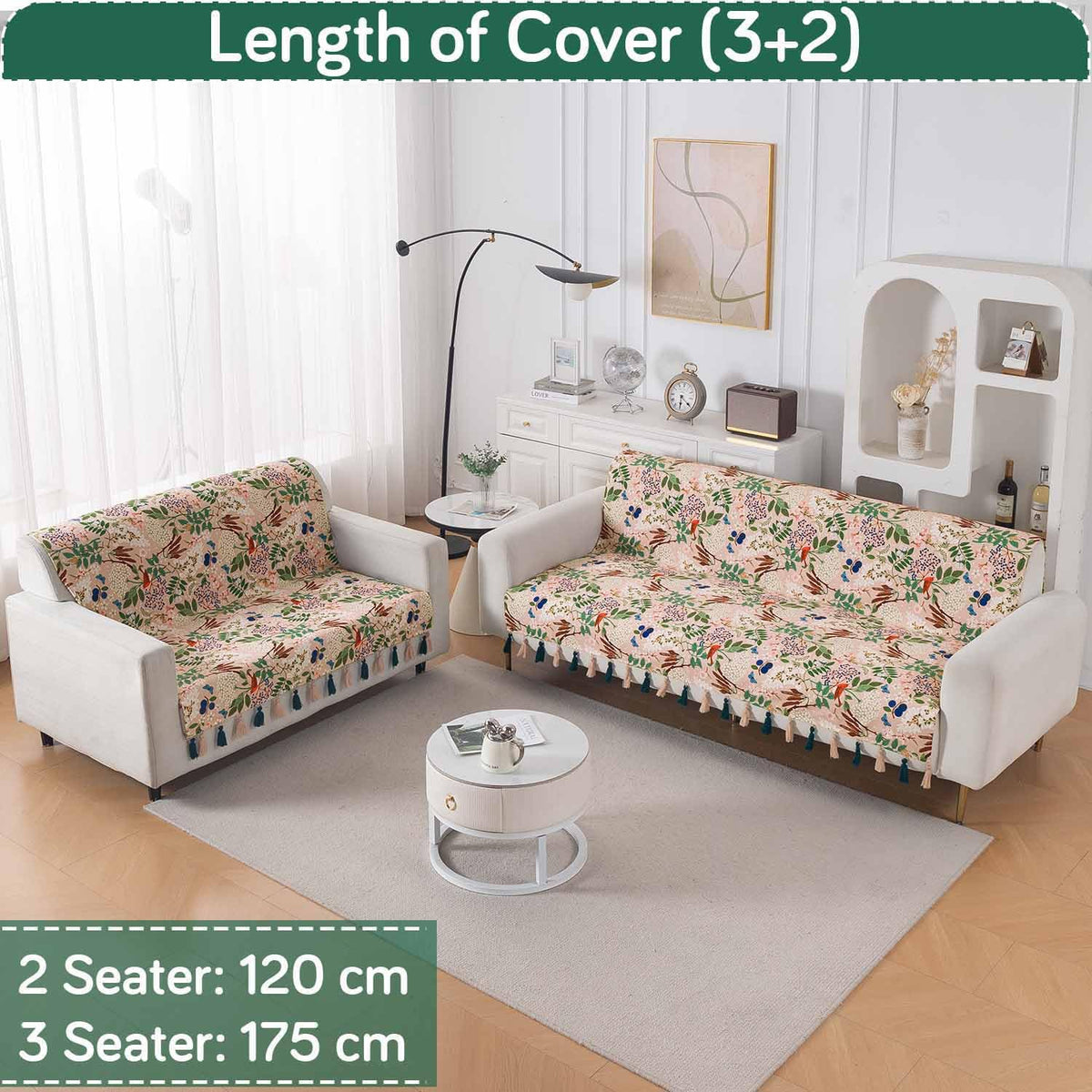 'Whispers of Nature' Series Holland Velvet Sofa Cover with Tassel, Beige Woodland Bloom