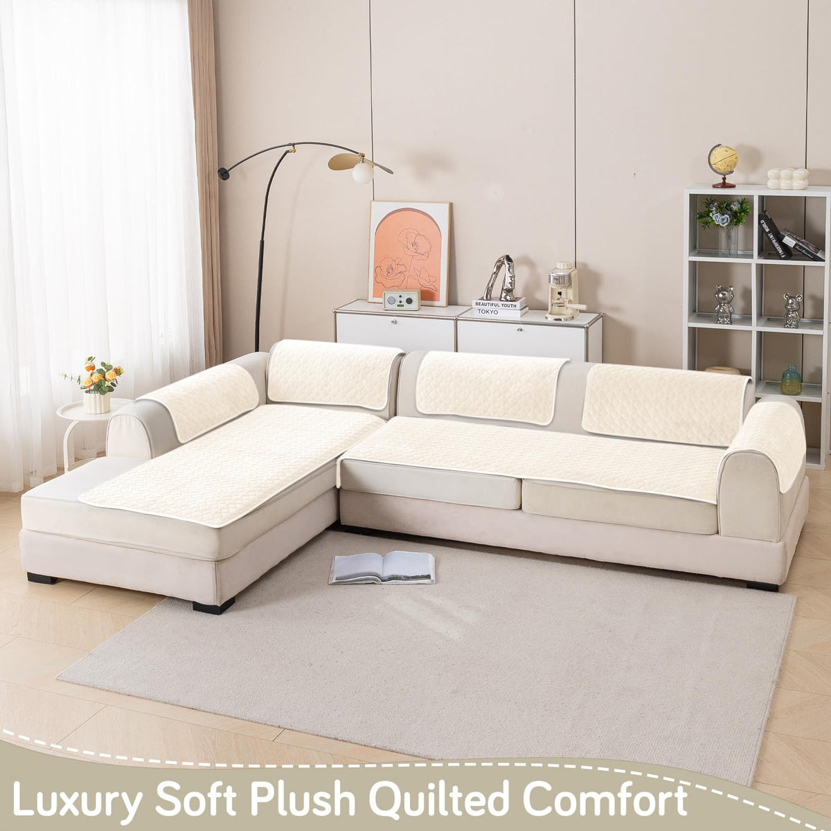 Diamond Plush Premium Quilted L Shape Sofa Cover Seat Mat, Cream