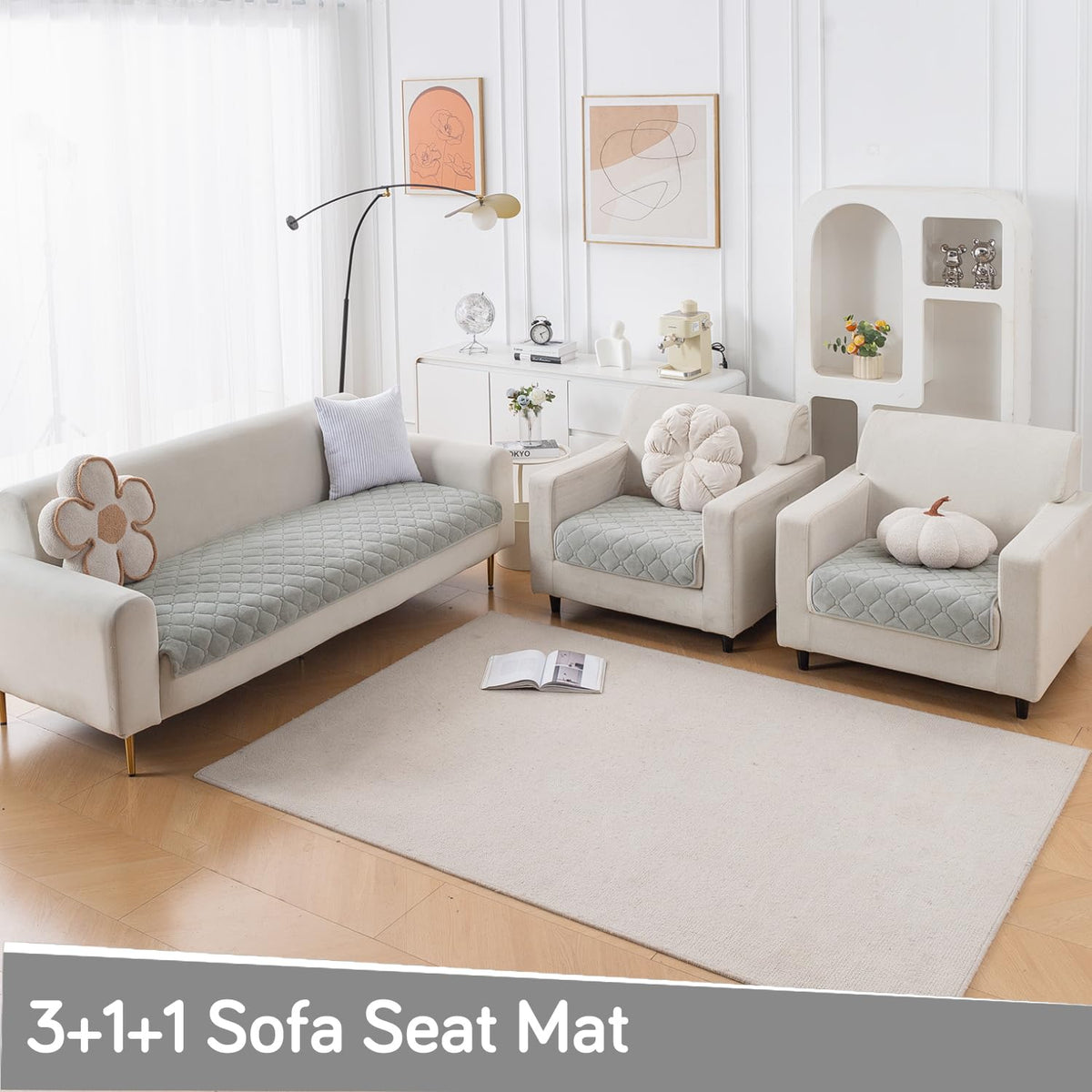 Diamond Tuft Quilted 5-Seater Sofa Mat (3+1+1), Anti-Slip, Mist Grey