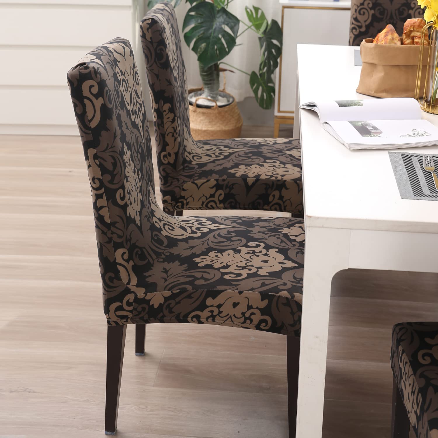 Brown Damask print stylish chair cover | Hokipo