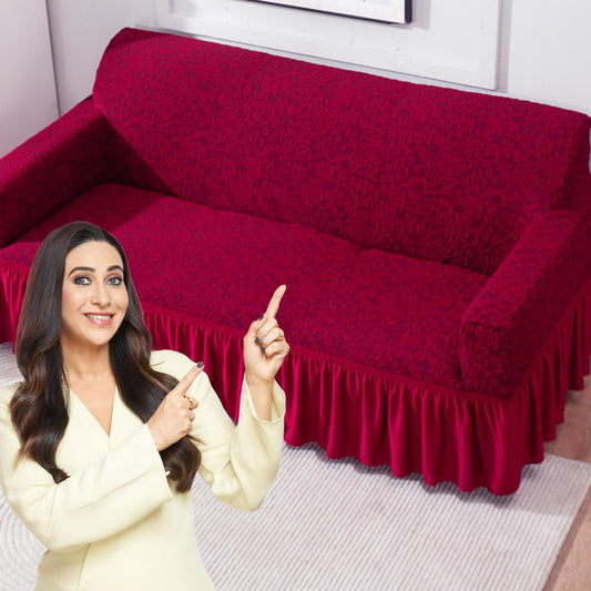 Elastic Stretchable Designer Woven Jacquard Sofa Cover with Frill, Wine Red