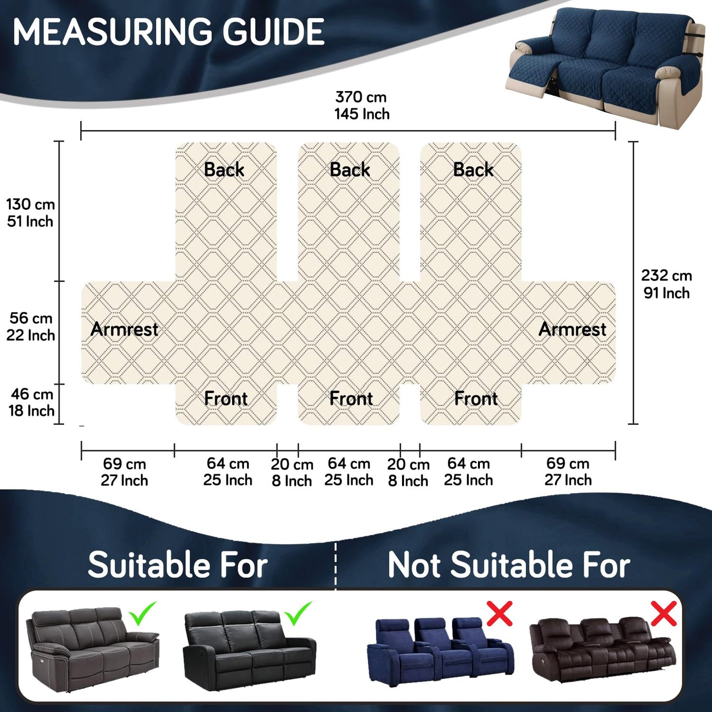 UrbanQuilt Recliner Sofa Slipcover Mat with Dual Belt for 1/2/3 Seater - Navy Blue