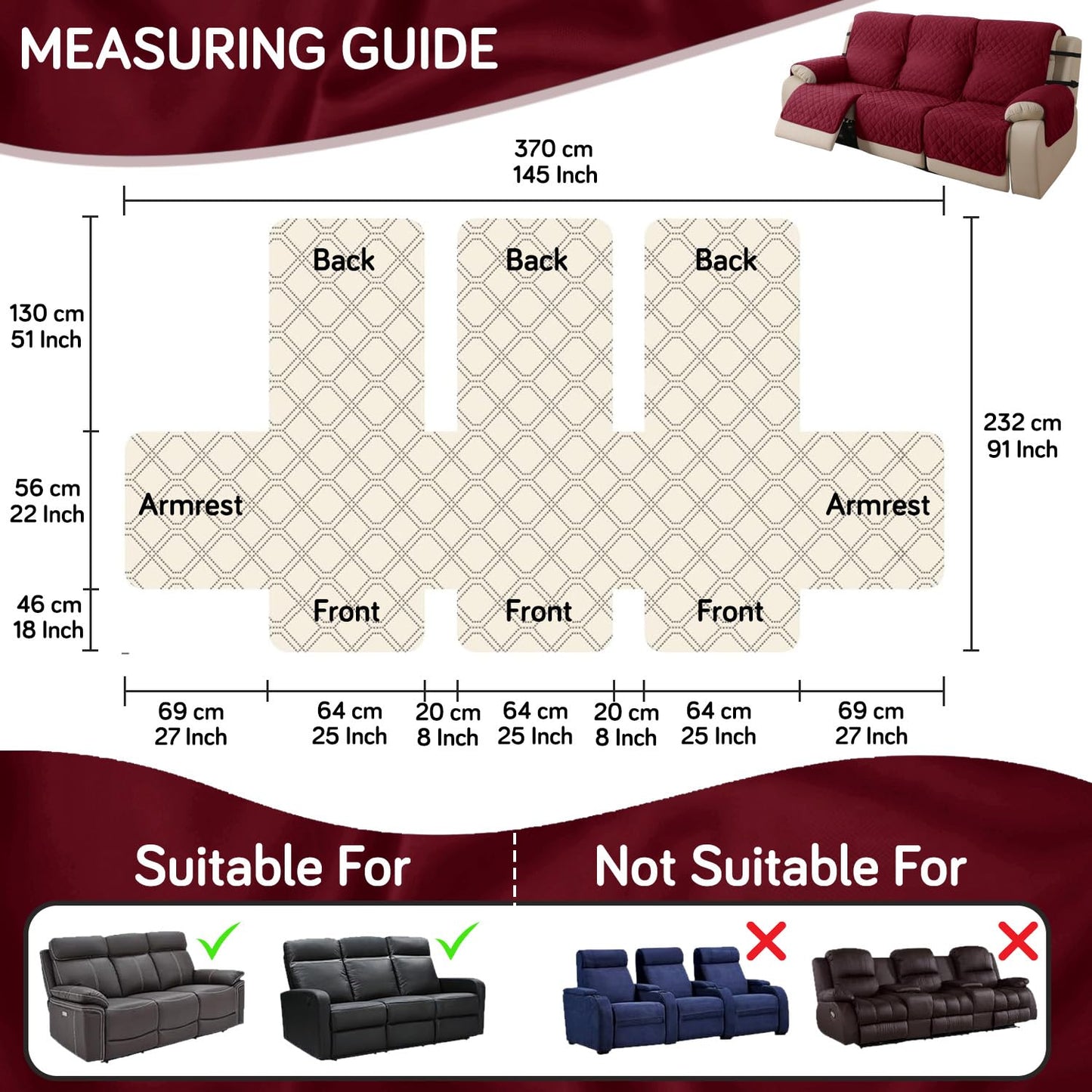 UrbanQuilt Recliner Sofa Slipcover Mat with Dual Belt for 1/2/3 Seater - Maroon