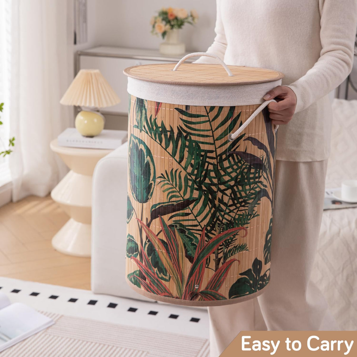 Eco-Friendly Foldable Bamboo Laundry Basket Hamper with Lid, Large, 61 Litre, Ficus Leaves