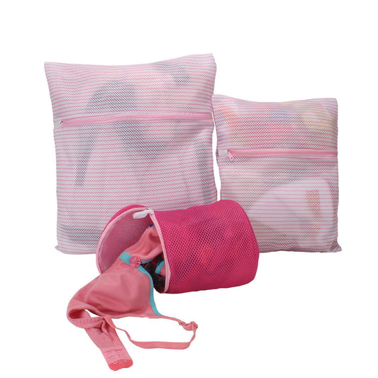 Double Layered Padded Mesh Laundry Clothes Washing Bag, Pack of 3, Pink