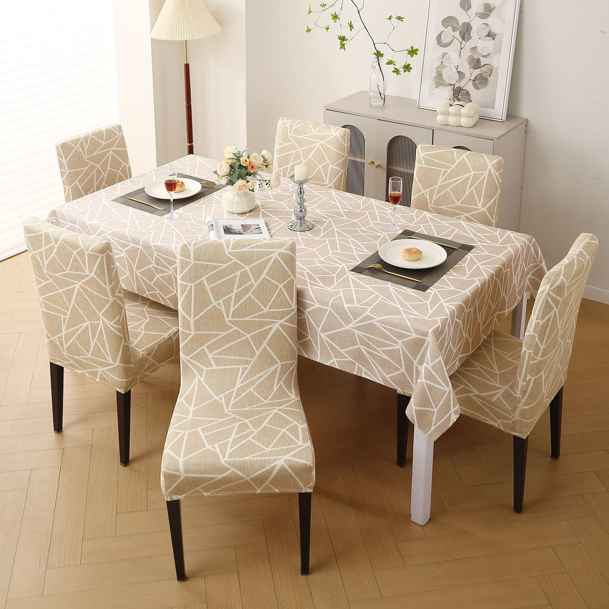 Elastic Dining Chair Covers with Matching Tablecloth, Beige Abstract Geometry
