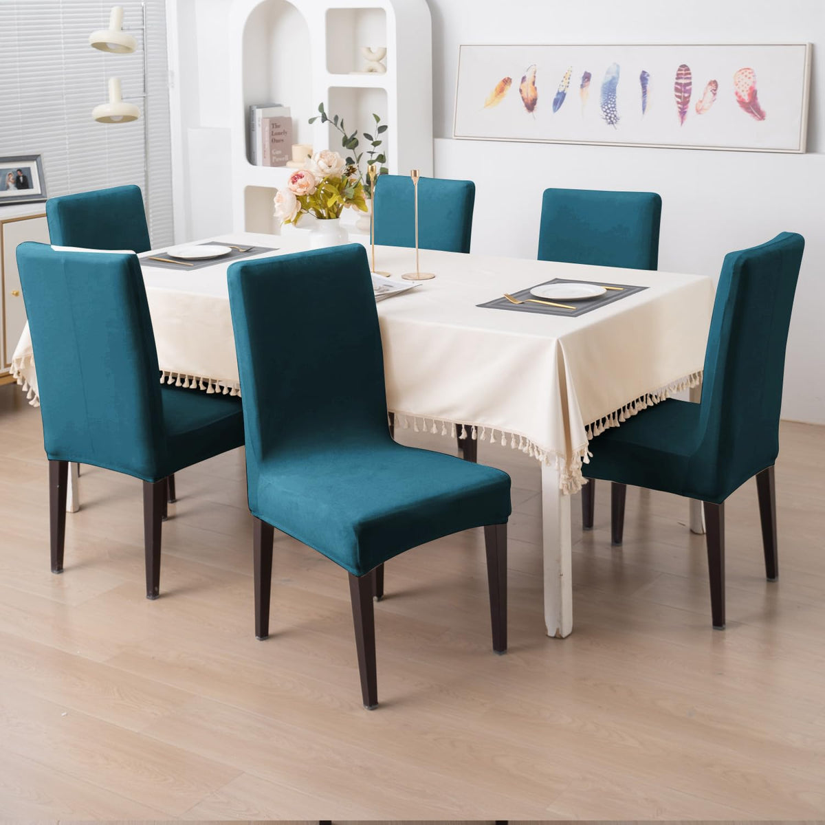 Elastic Stretchable Premium Velvet Dining Chair Cover, Peacock Blue