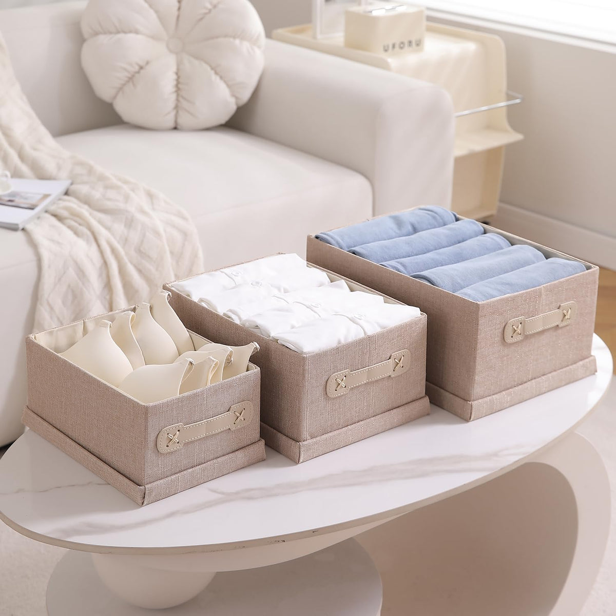 Organisers Storage Box with Lid, Beige, Pack of 2