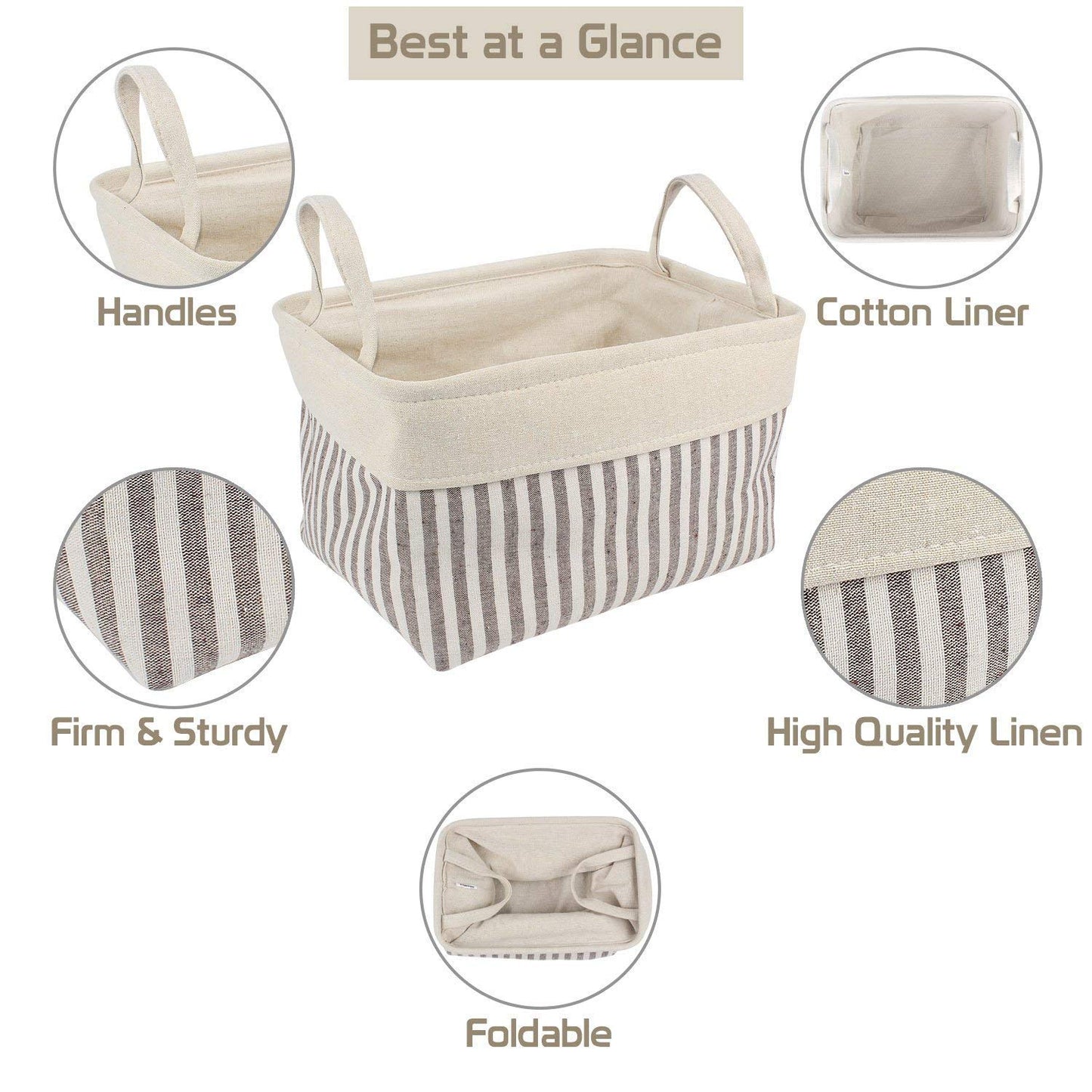 Cotton Foldable Storage Basket Bins - Pack of 2, Brown Stripes