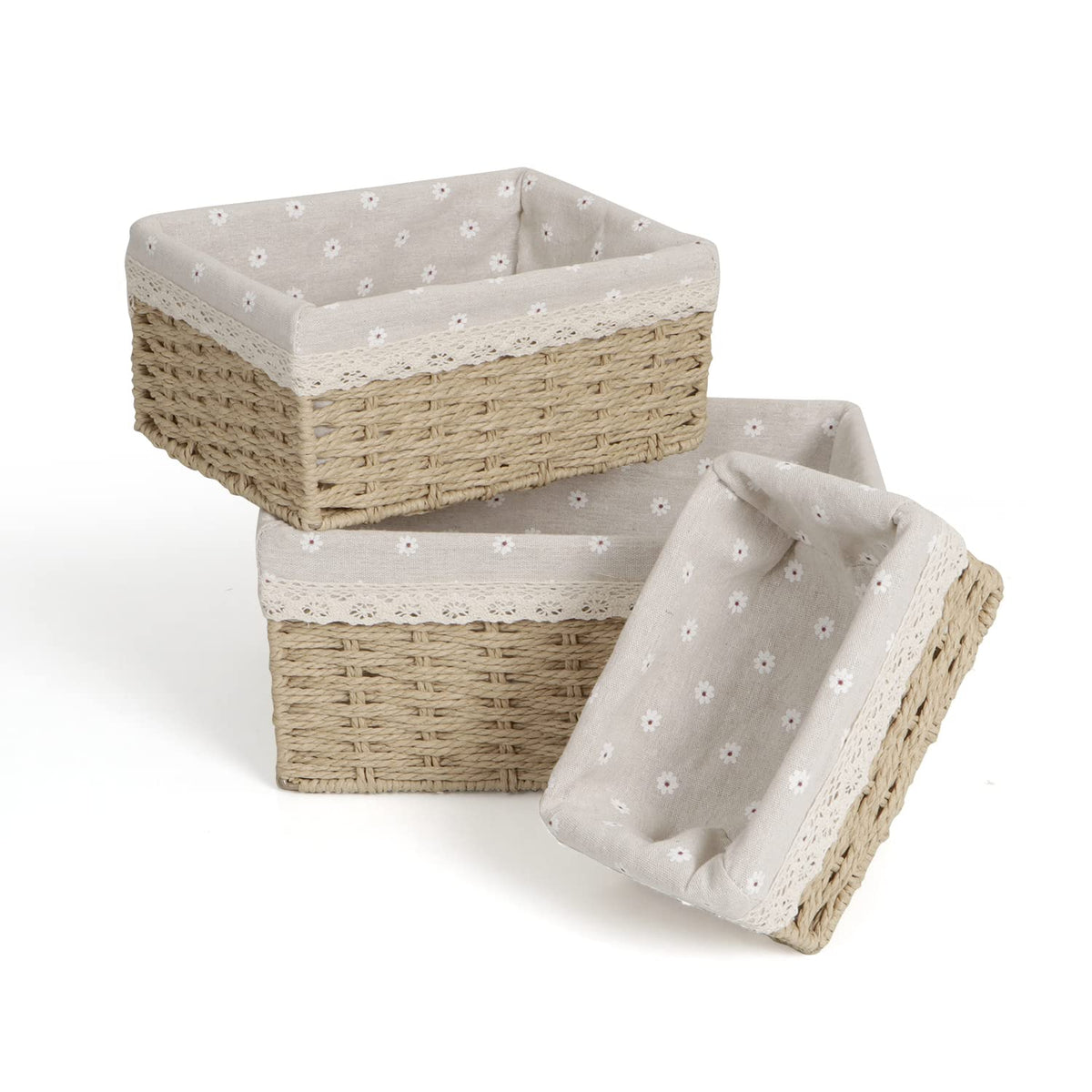 Eco-Friendly Handwoven Paper Weave Wicker Oval Basket For Home, Office, Wardrobe. Pack Of 3, Beige
