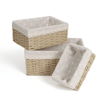 Eco-Friendly Handwoven Paper Weave Wicker Oval Basket For Home, Office, Wardrobe. Pack Of 3, Beige