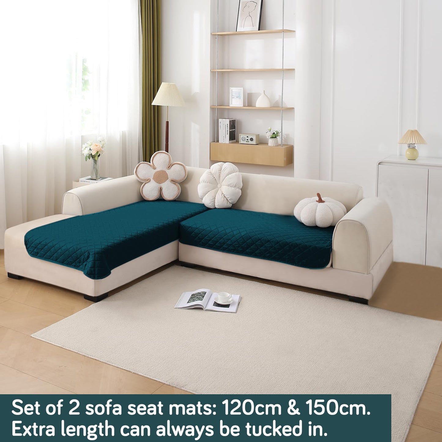 HOKIPO Waterproof Quilted Quick Dry L Shape Sofa Seat Cover Mat, Peacock Blue