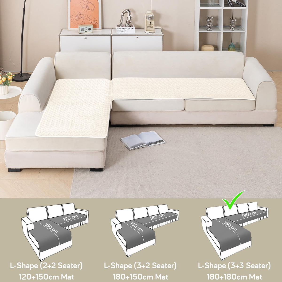 Diamond Plush Premium Quilted L Shape Sofa Cover Seat Mat, Cream
