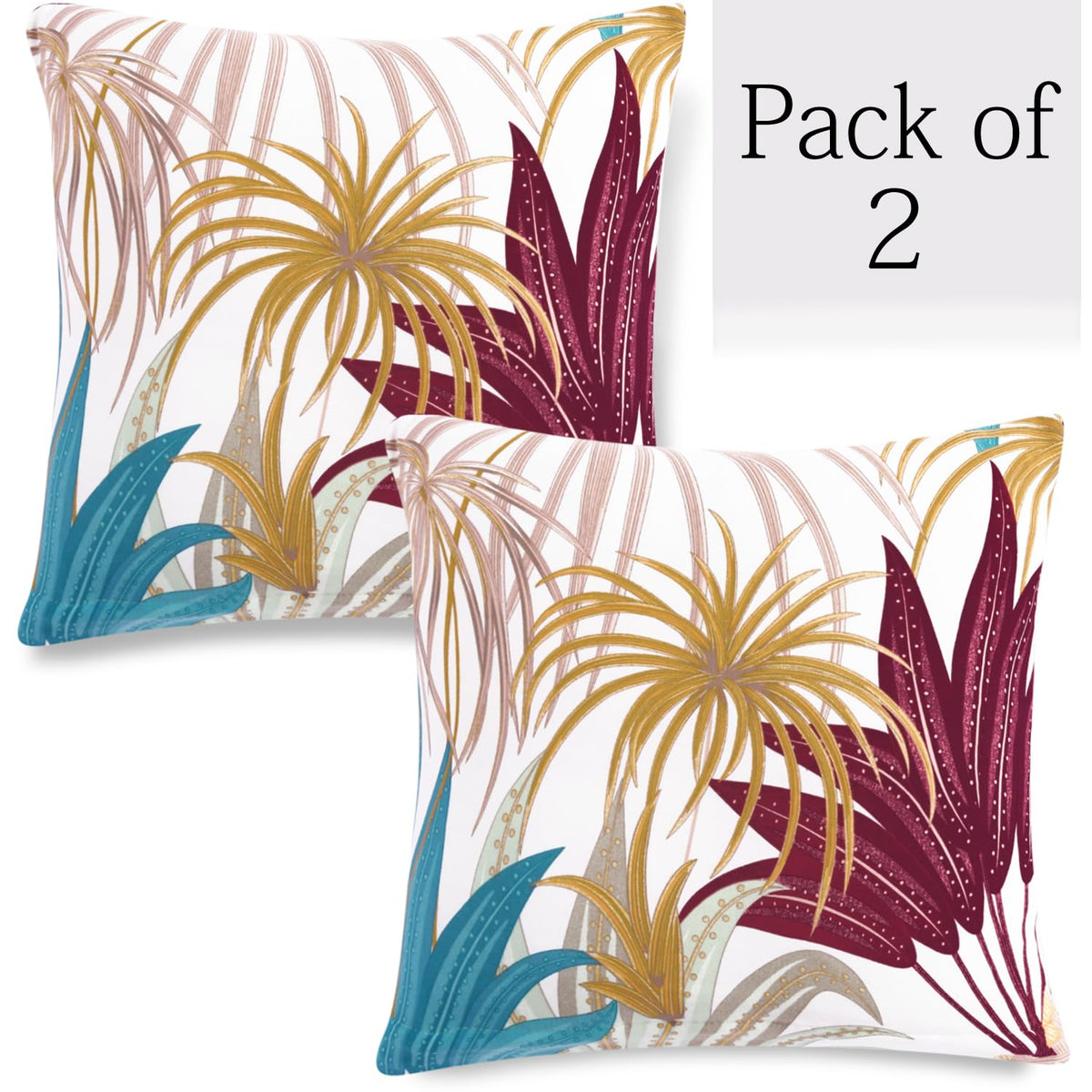 Cane Beige Ferns Printed 16x16 zippered square sofa cushion covers Set of 2