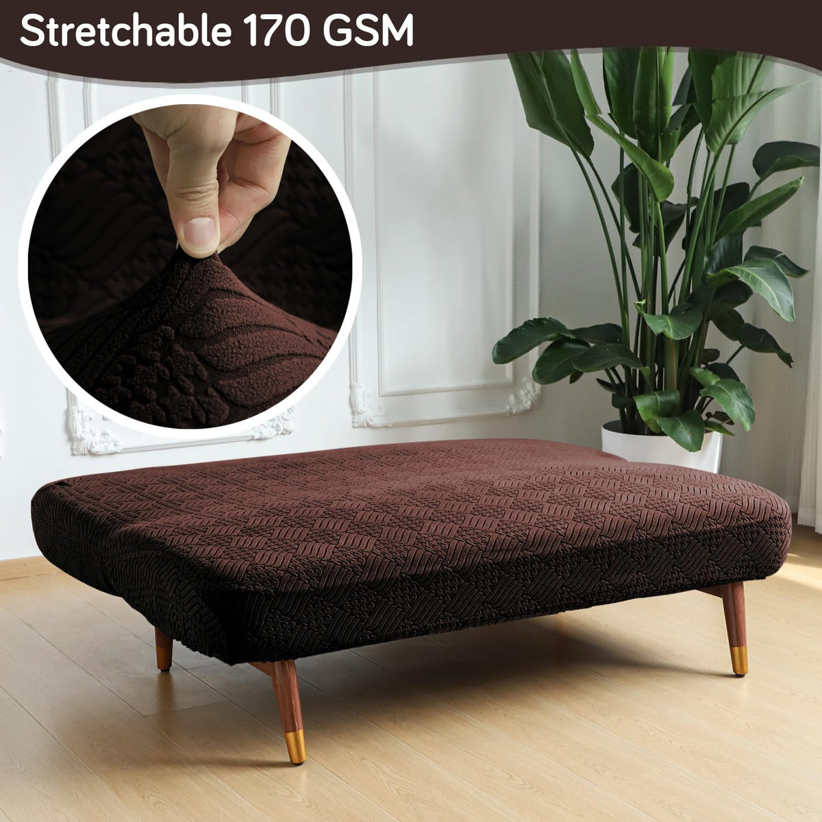 Buy Brown Colour Luxurious Jacquard Stretchable 170 GSM Futon Sofa Cover For Sofa Cum Bed | HOKIPO
