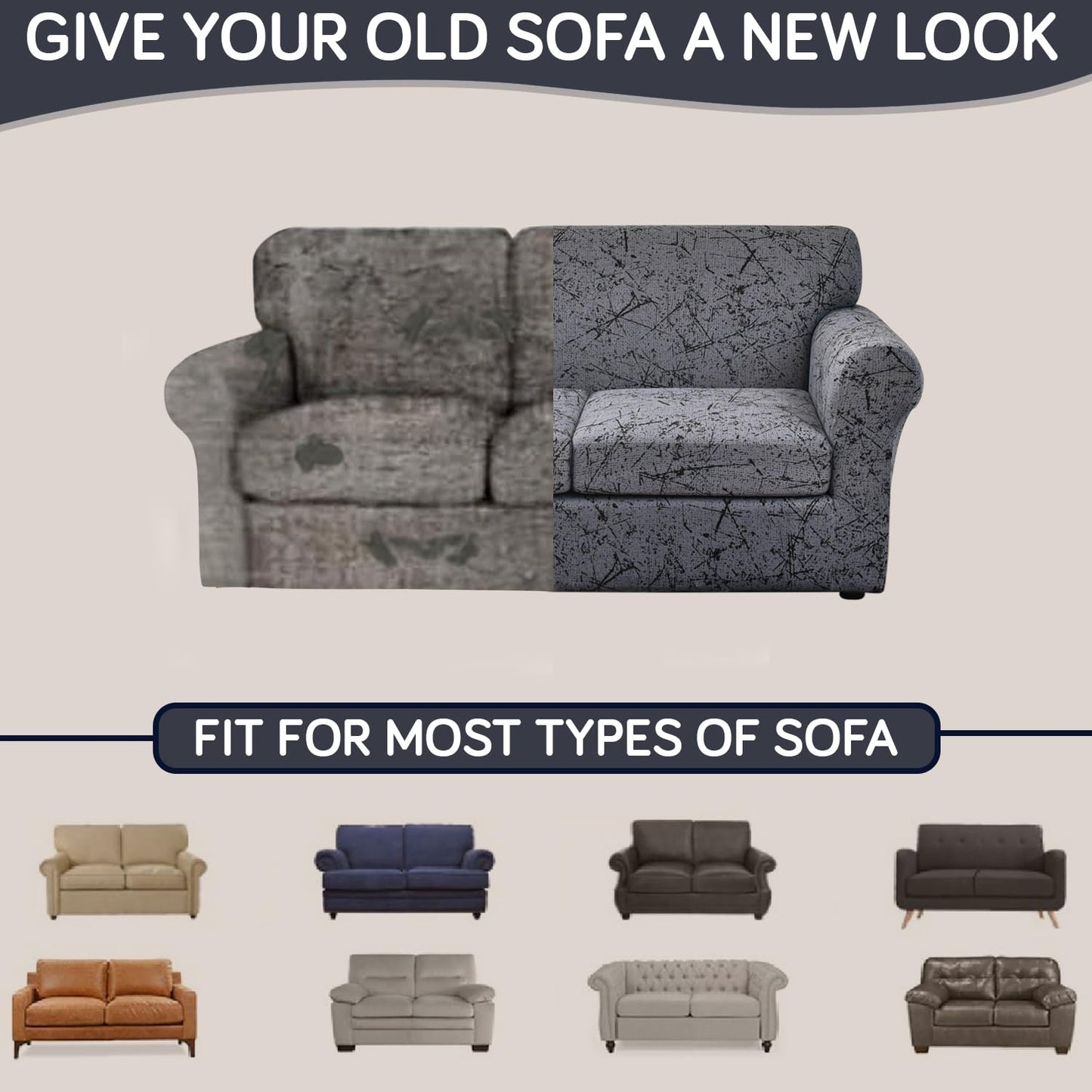 Printed Stretchable Sofa Slipcover with 1/2/3 Pc Separate Seat Cushion Cover for each 1/2/3 Seater, Intense Grey Splatter