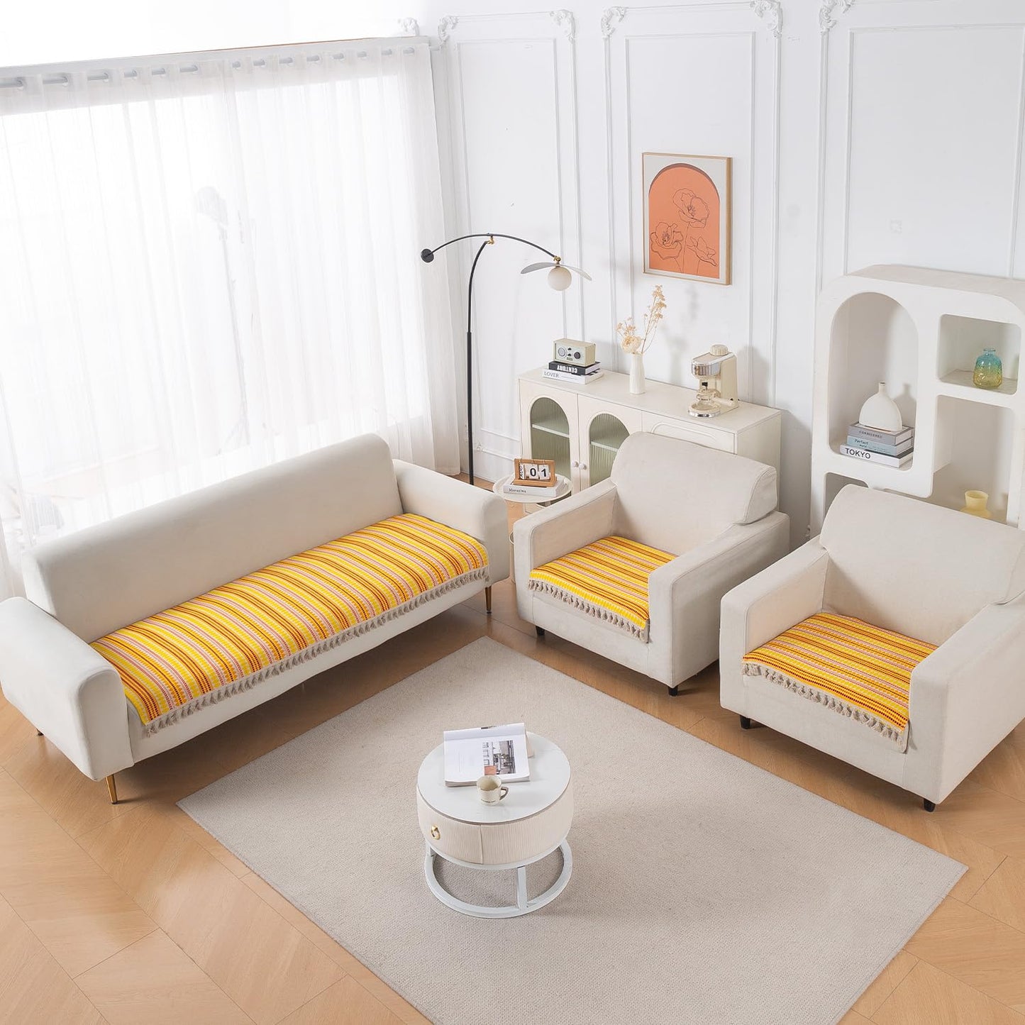 Artisan Boho 5-Seater Sofa Seat Mat with Tassels (3+1+1), Mustard Yellow