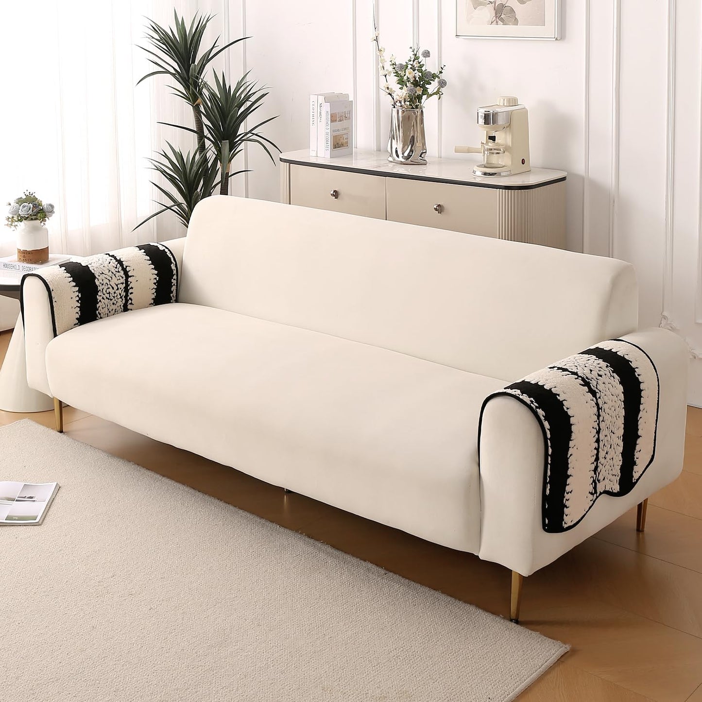 Luxury Wavy Anti Slip Plush Sofa Cover Mat, Black