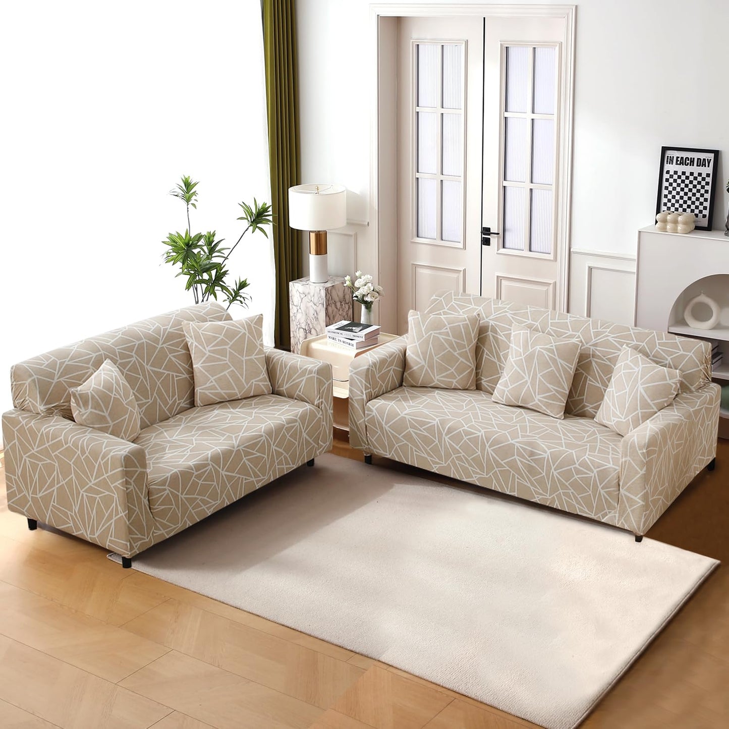 Elastic Stretchable Printed 140gsm Fully Covered Sofa Cover, Beige Abstract Geometry