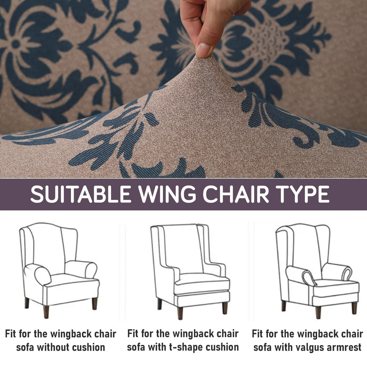 Light Coffee Lotus Damask Elastic Stretchable Chair Cover for Wingback Chair