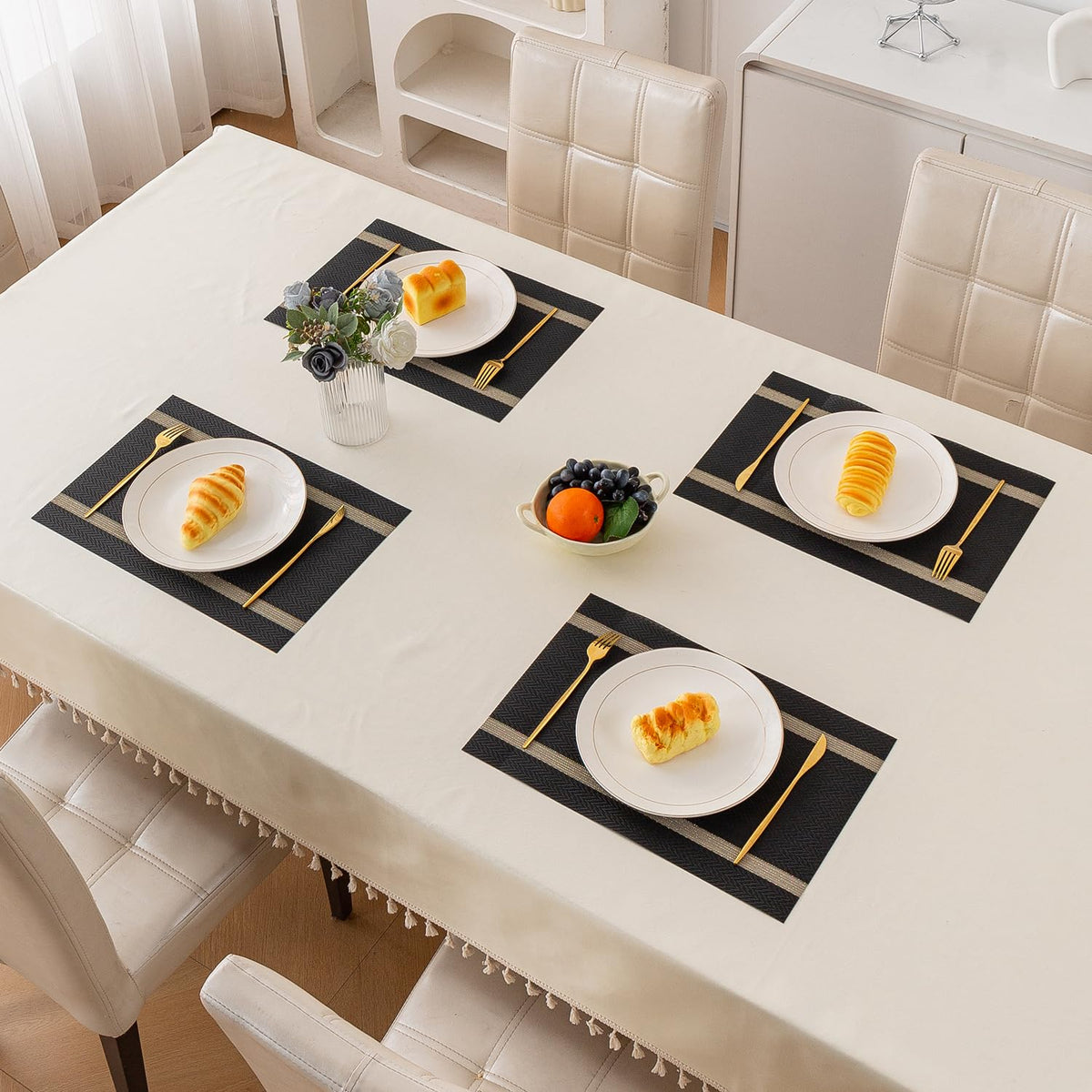 Chevron Stripes PVC Mats for Dining Table - Jet Black