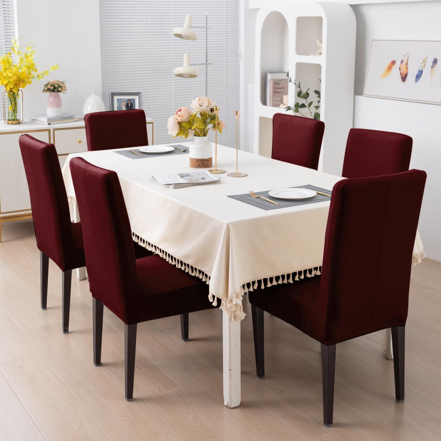 Elastic Stretchable Premium Velvet Dining Chair Cover, Burgundy