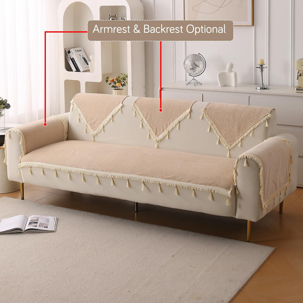 Serenity Tassel Chenille Sofa Cover with Tassel – Ivory Fringe