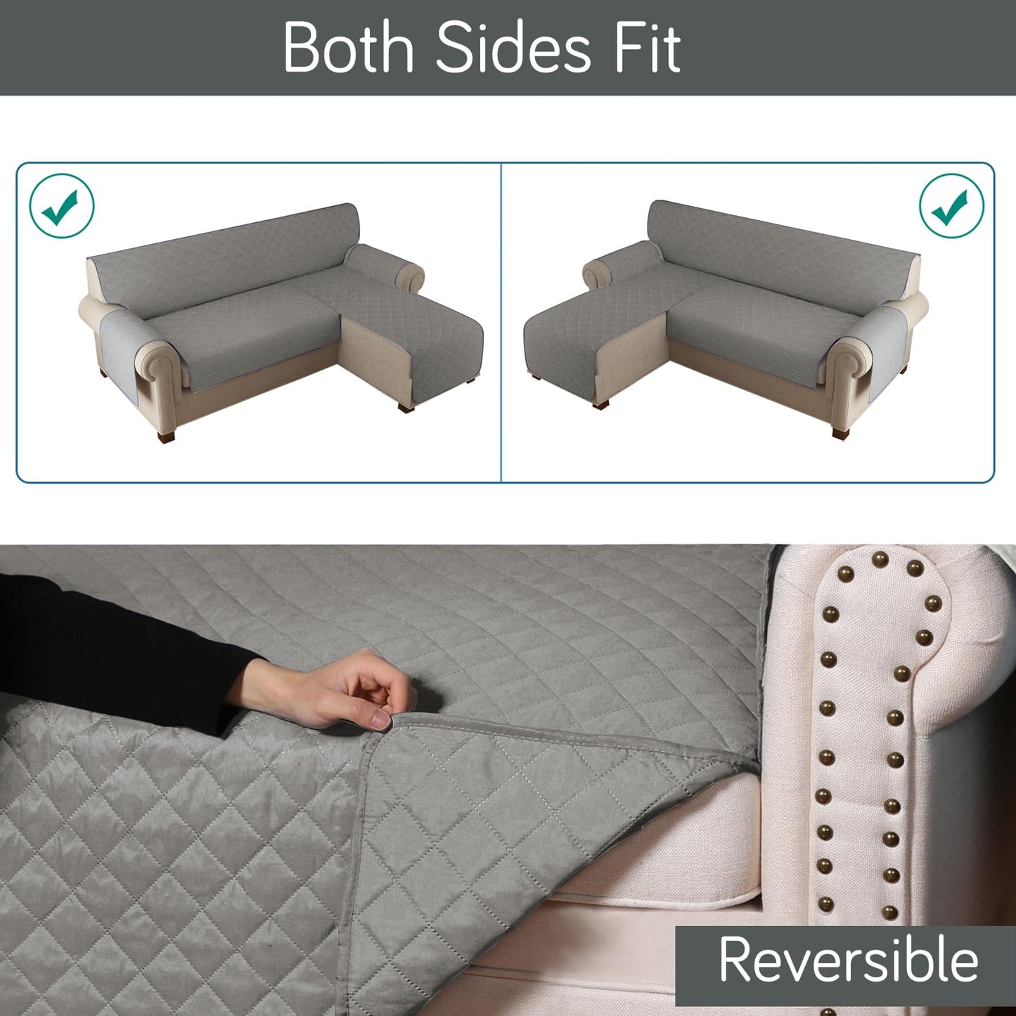 HOKIPO Quilted Reversible One Piece L Shape 4/5/6 Seater Sofa Cover Mat, Light Grey
