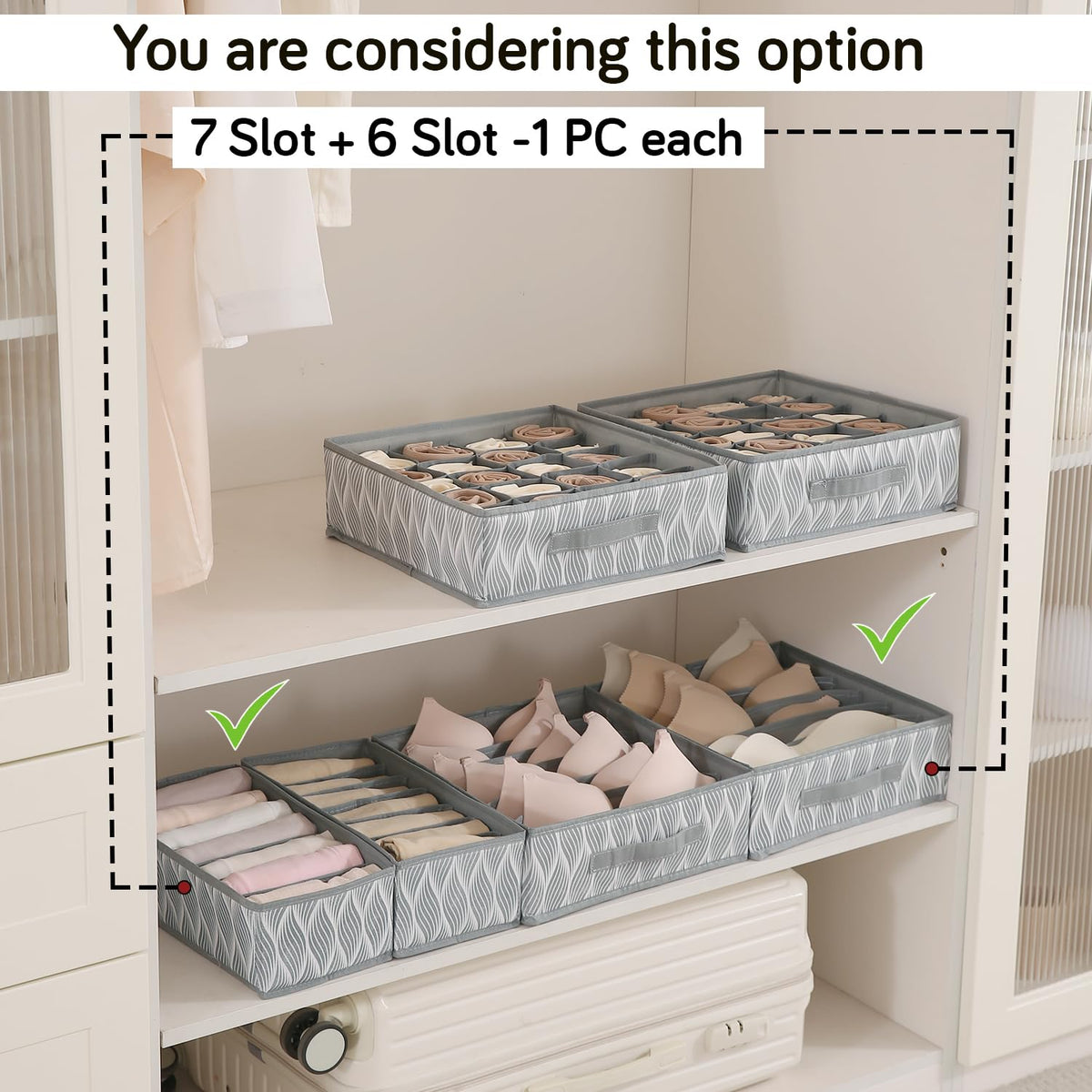 Lingerie Organizer for Women – Bra Organizer for Wardrobe & Drawers | Foldable Innerwear Organiser for Bras, Camisoles | Non-Woven Fabric, Grey leaves