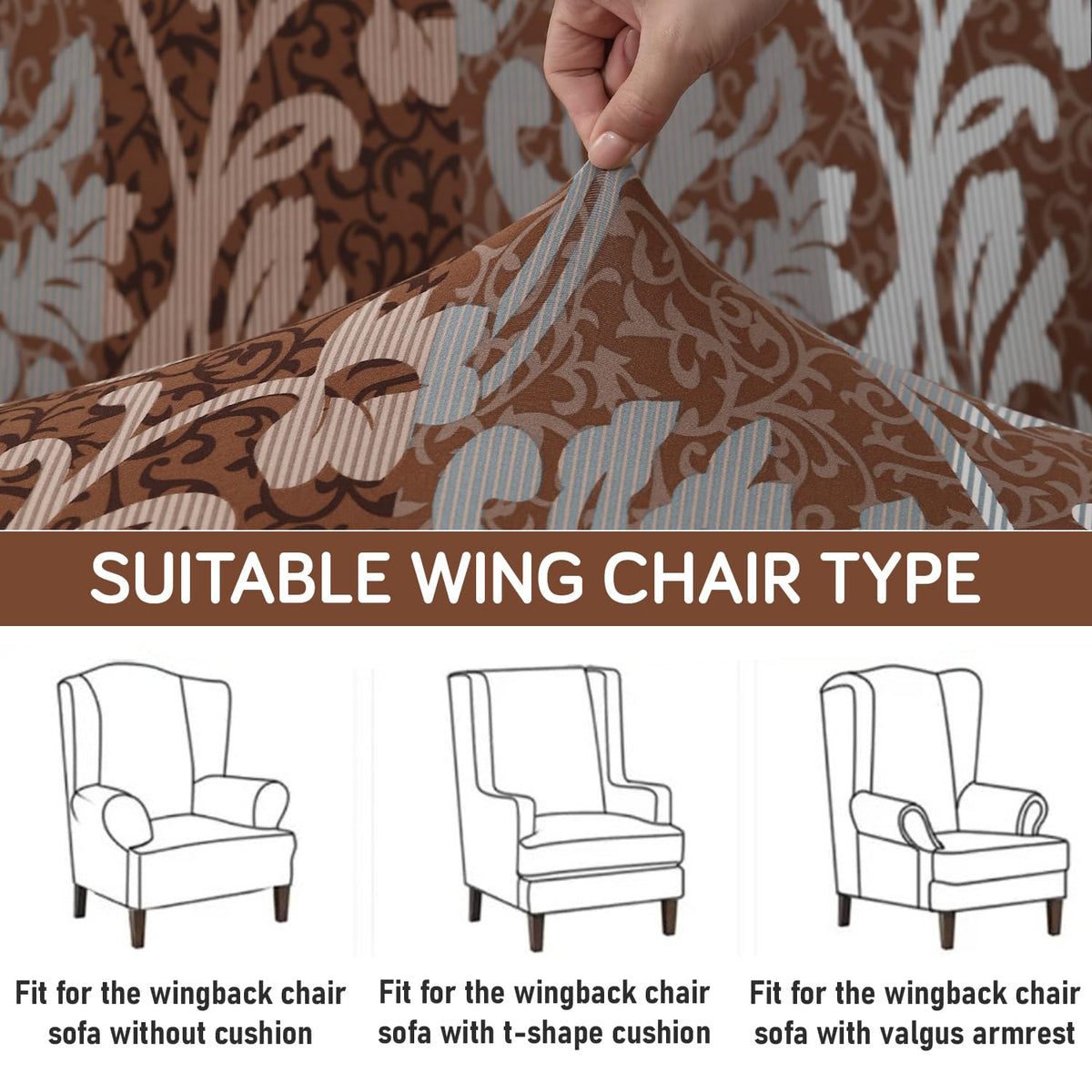 Rich Chocolate Damask Floral Elastic Stretchable Wing Chair Cover
