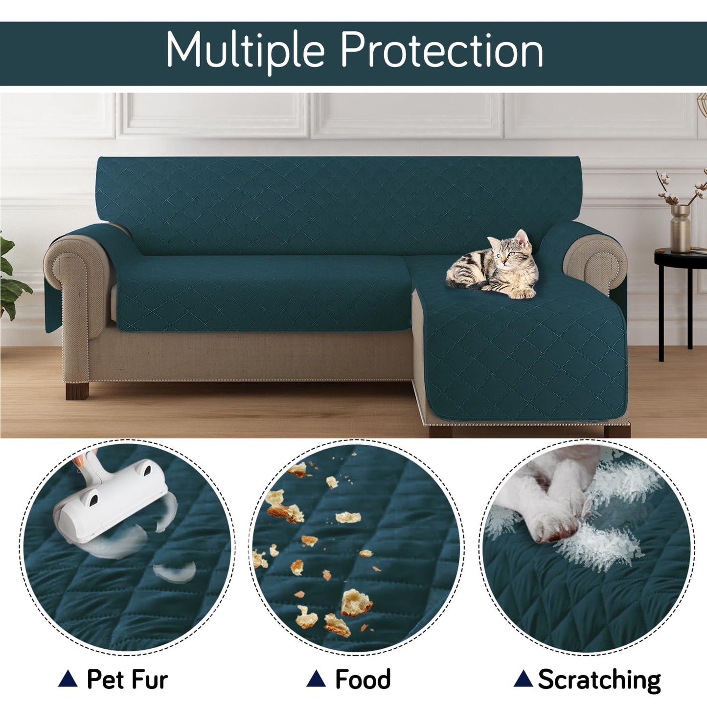 HOKIPO Quilted Reversible One Piece L Shape 4/5/6 Seater Sofa Cover Mat, Peacock Blue