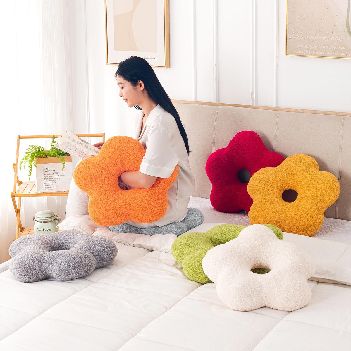 HOKIPO Flower Shaped Cushion for Sofa & Bed, 49 cm, Beige