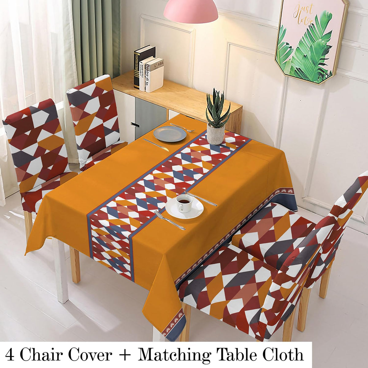Polyester Dining Chair Covers Set of 4/6 with Matching Tablecloth, Parallelogram Ochre Brown