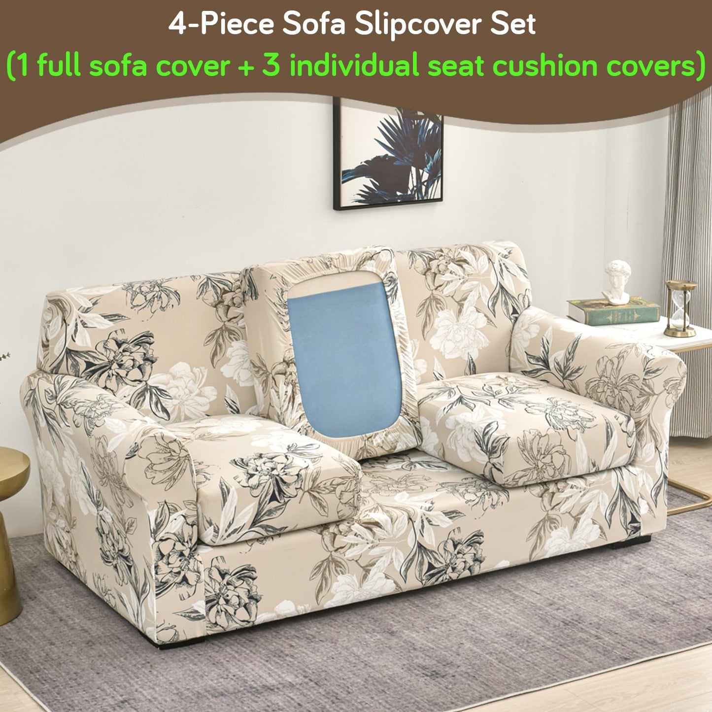 Printed Stretchable Sofa Slipcover with 1/2/3 Pc Separate Seat Cushion Cover for each 1/2/3 Seater, Beige Vintage Peony