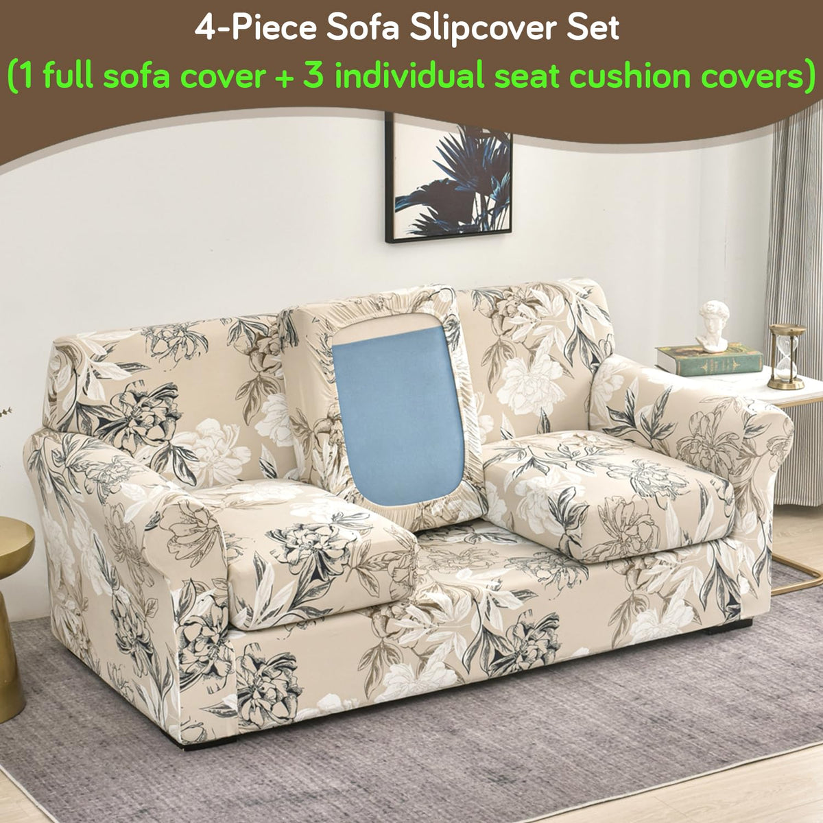 Printed Stretchable Sofa Slipcover with 1/2/3 Pc Separate Seat Cushion Cover for each 1/2/3 Seater, Beige Vintage Peony