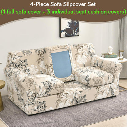 Printed Stretchable Sofa Slipcover with 1/2/3 Pc Separate Seat Cushion Cover for each 1/2/3 Seater, Beige Vintage Peony