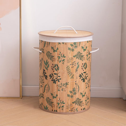 Eco-Friendly Foldable Bamboo Laundry Basket Hamper with Lid, Large, 61 Litre, Fern Leaves