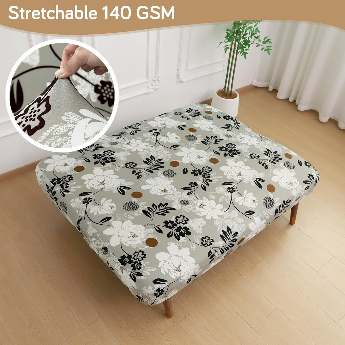 Buy Feather Brown Floral Printed 140 GSM Stretchable Sofa Cum Bed Cover for Futon - HOKIPO