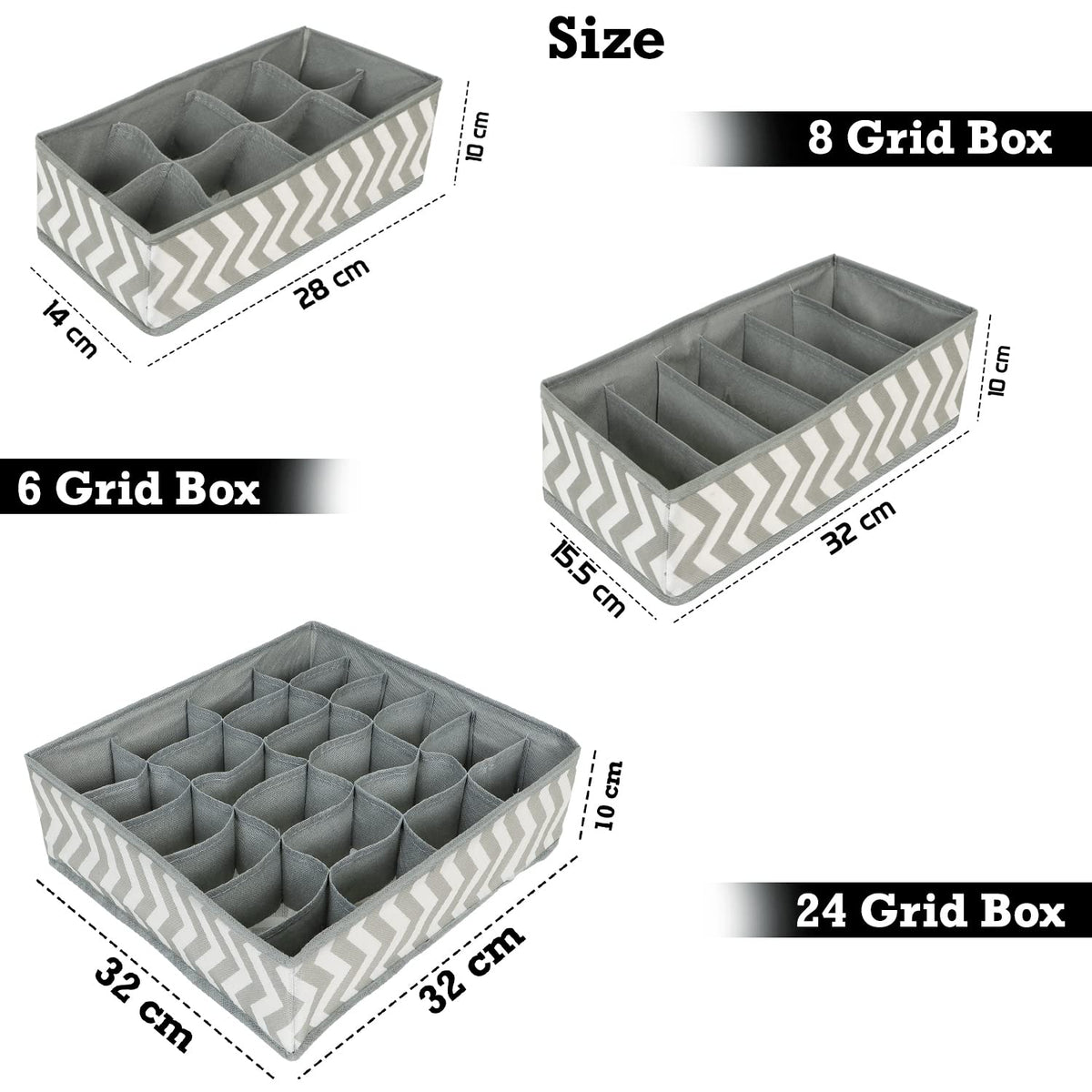 3 Pcs Fabric Undergarment Organizer Storage Box For Drawers Bra Panty Socks Tie Lingerie Organizer For Wardrobe, 24X8X6 Grid, Grey