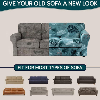 Printed Stretchable Sofa Slipcover with 1/2/3 Pc Separate Seat Cushion Cover for each 1/2/3 Seater, Aqua Palm Whisper